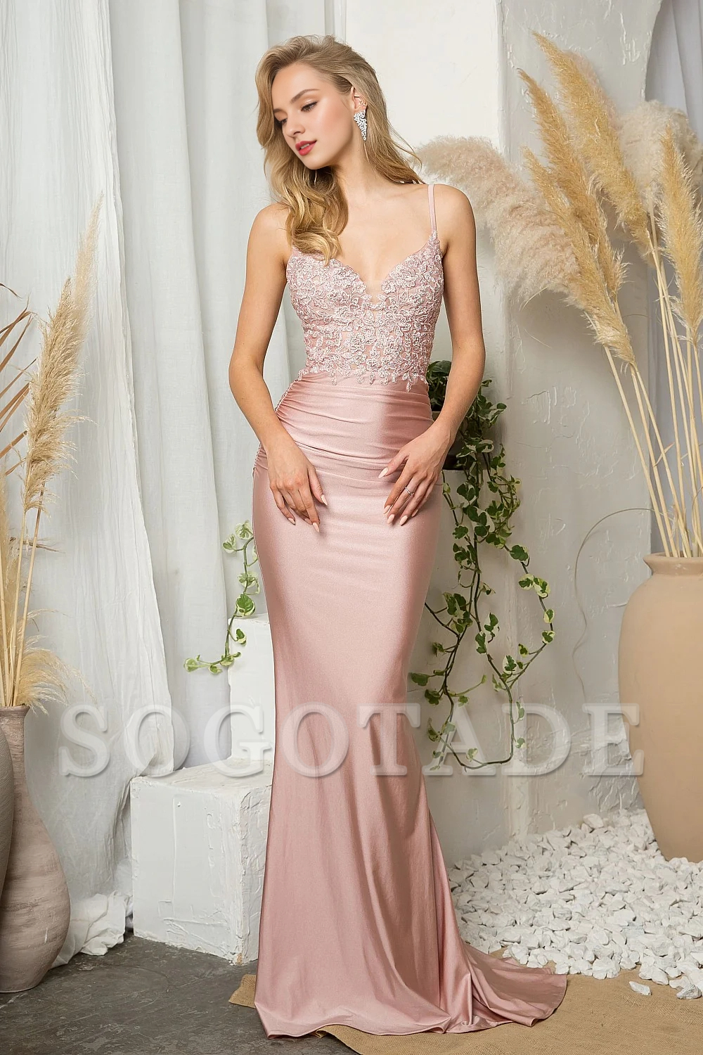 Embroidered lace applique long sleeveless transparent V-neck dress