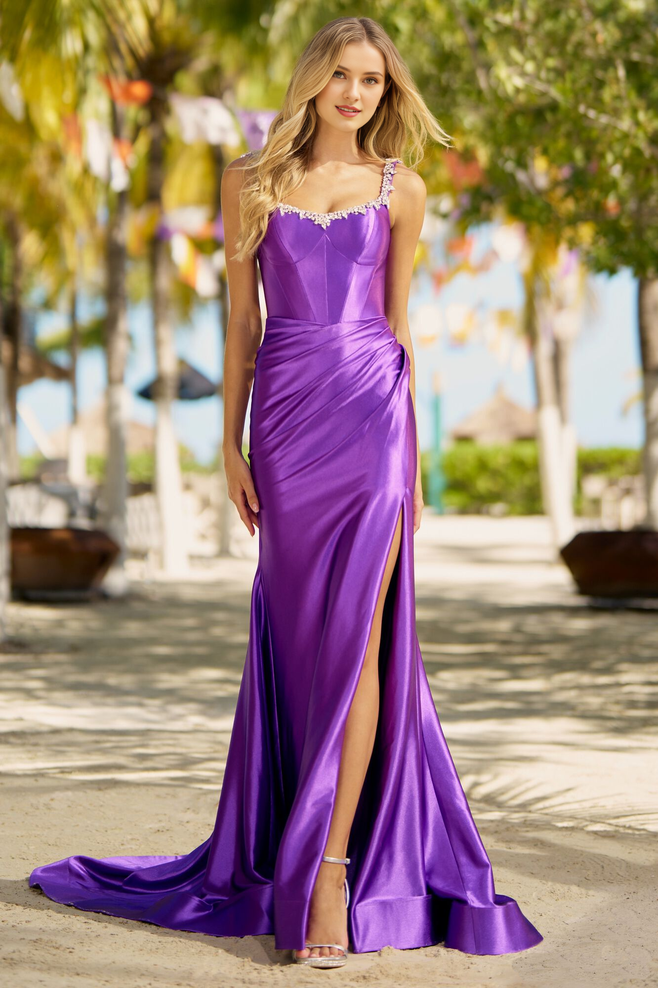 Slimming silk satin dress with rhinestone slit neckline for evening dress