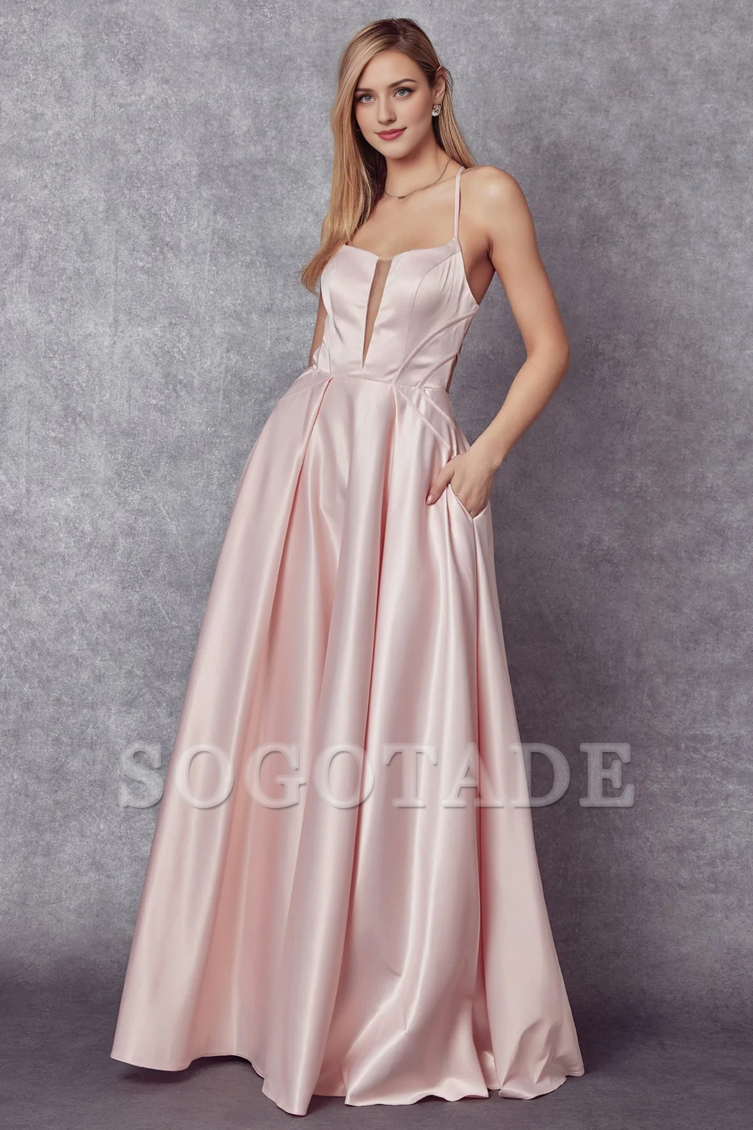 Long sleeveless A-line skirt satin dress