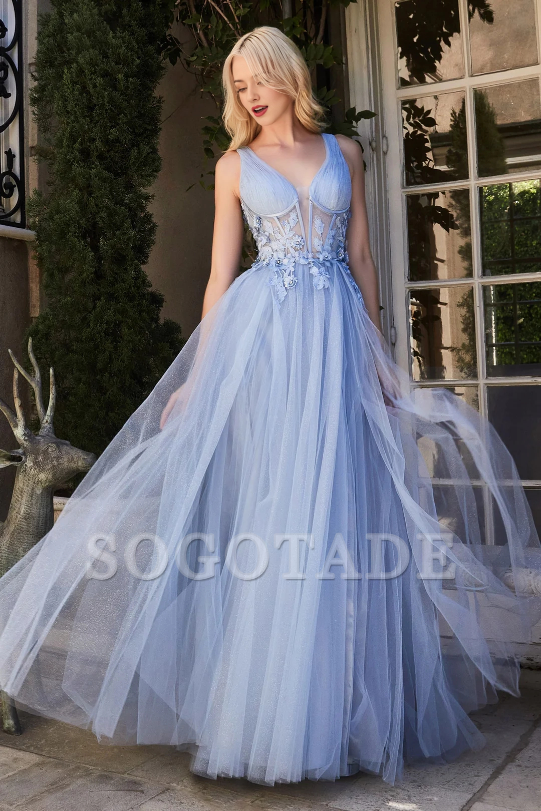 A-line skirt 3D floral decal long sleeveless tight corset dress