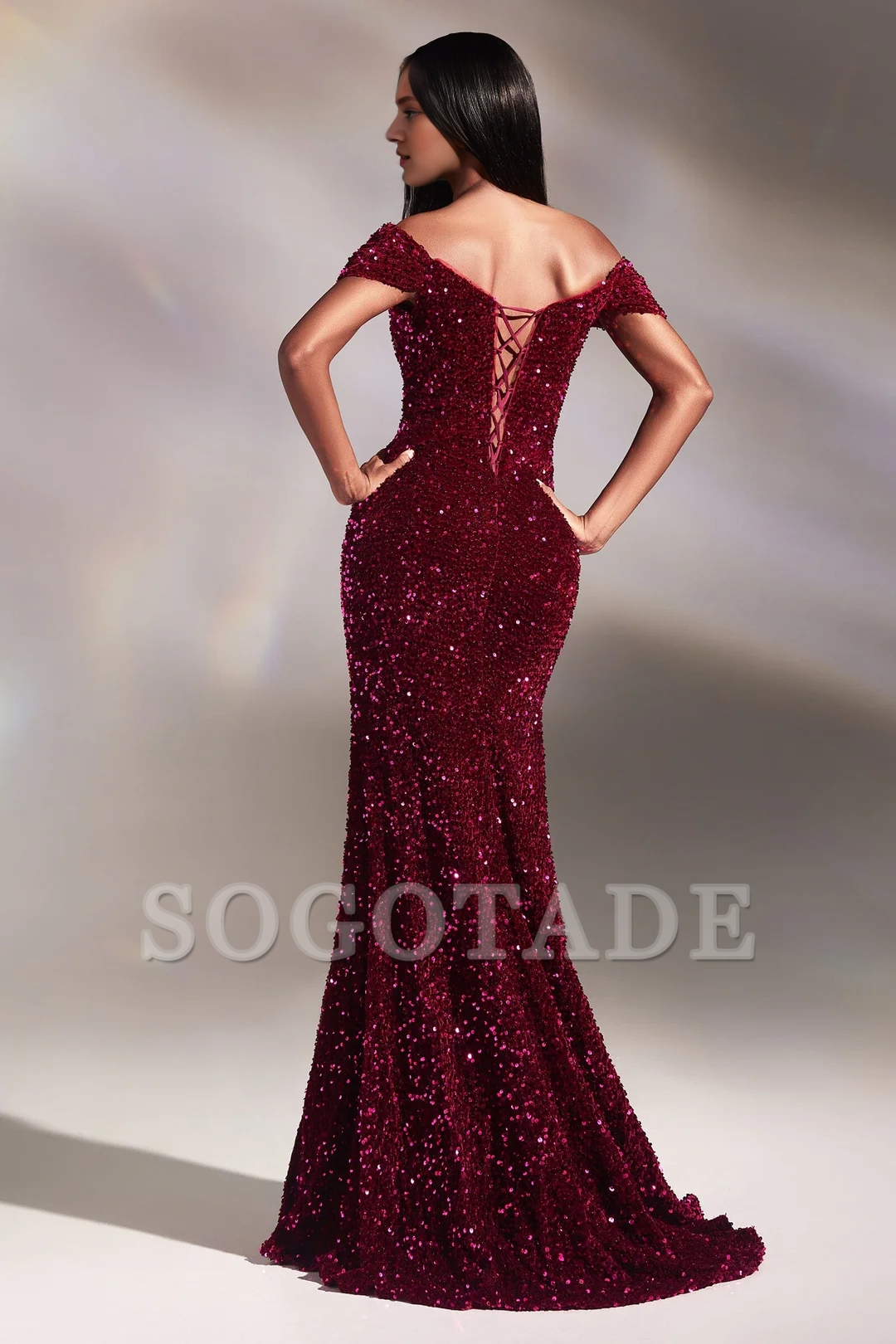 Sequined long off shoulder velvet dress