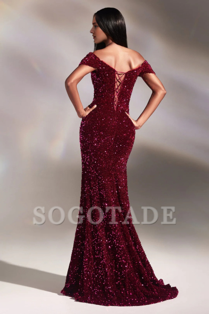 Sequined long off shoulder velvet dress