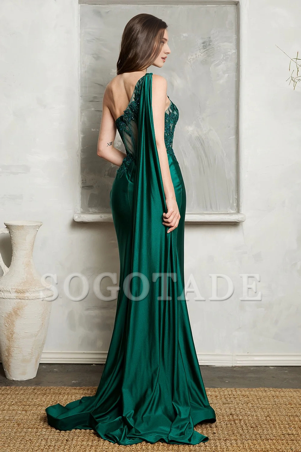 Fitted slit skirt embroidered long one shoulder transparent tight corset dress