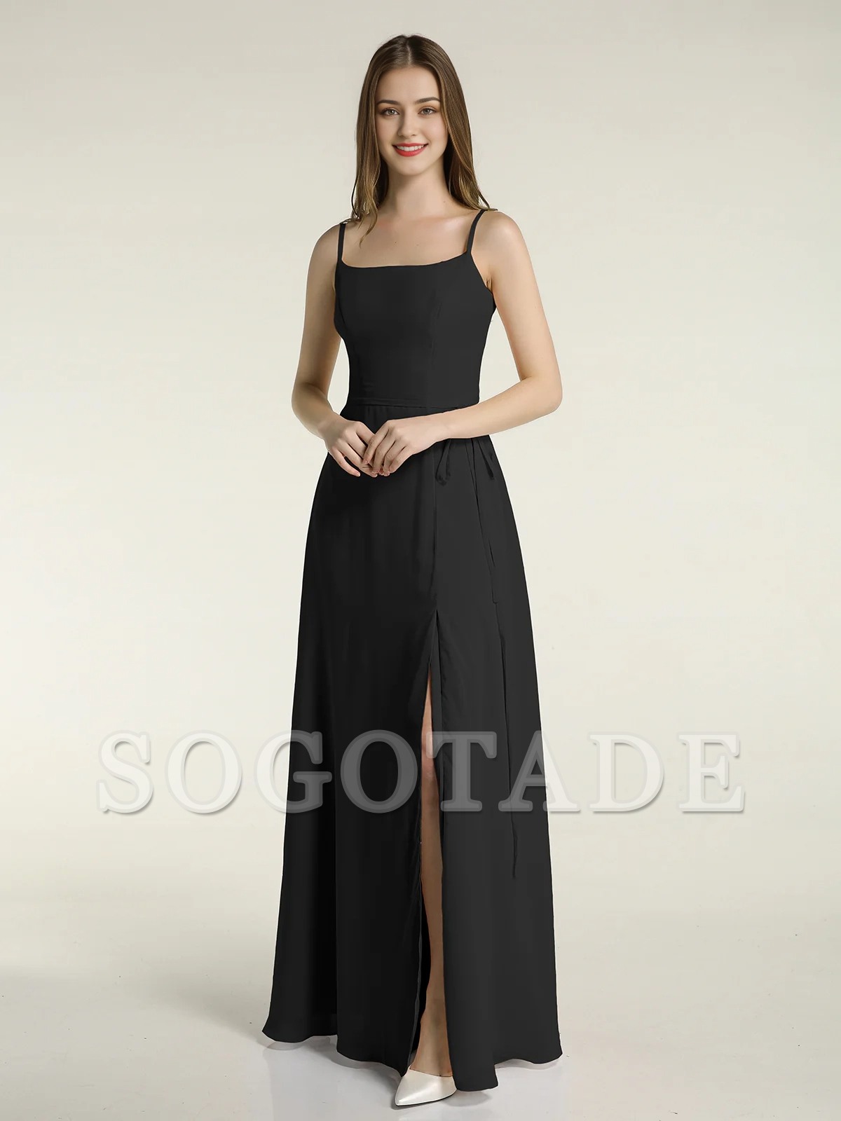 Simple slim shoulder strap slit chiffon dress