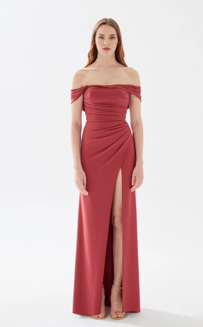 Off shoulder straight neckline tight skirt with high slit and floor length evening dress