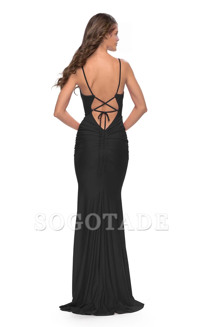Deep V-neck tight corset with sleeveless thin shoulder straps and floor length Prom dress