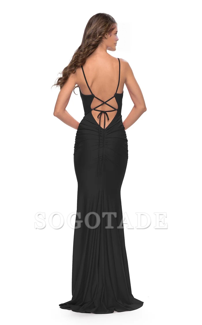 Deep V-neck tight corset with sleeveless thin shoulder straps and floor length Prom dress