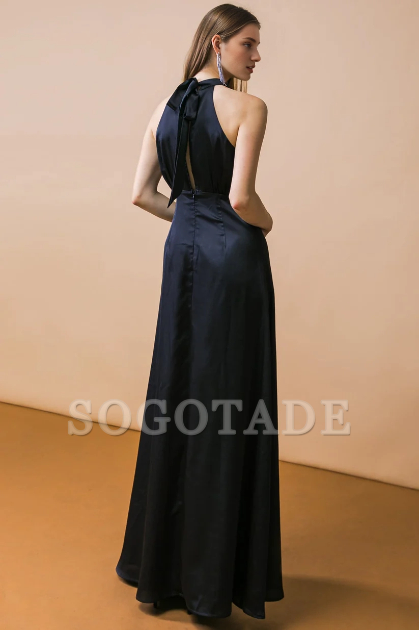 A-line hanging neck collar with exposed back lace up dress-SOGOTADE