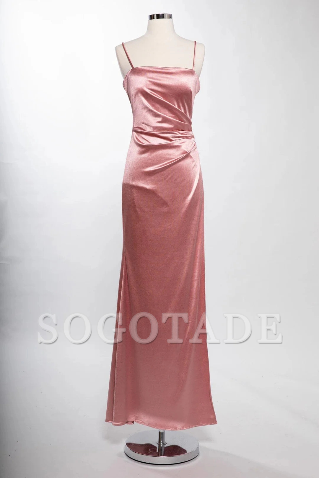 Fitted slit skirt rectangular collar satin dress