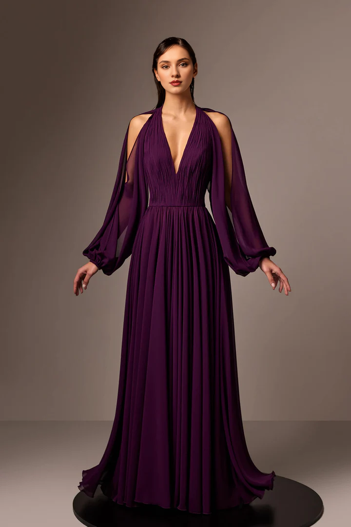 Crepe chiffon pleated and floor length gowns evening dresses