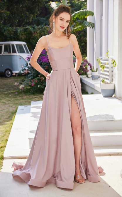 A-line low round neck satin fitted body and floor length evening dress-SOGOTADE
