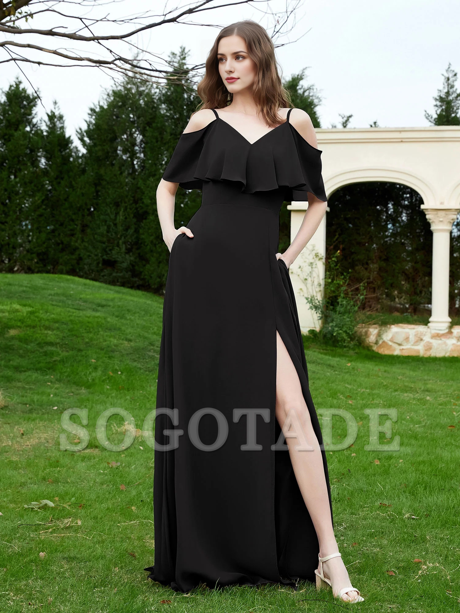 V-neck ruffled chiffon A-line dress