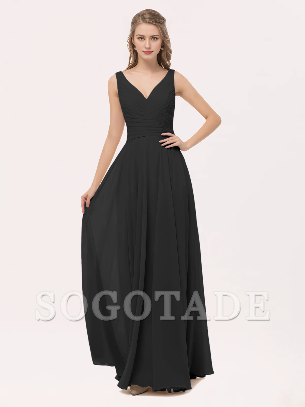 V-neck bow chiffon long bridesmaid dress