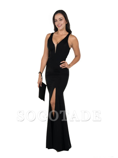 Long illusion deep V-neck slit fitted dress