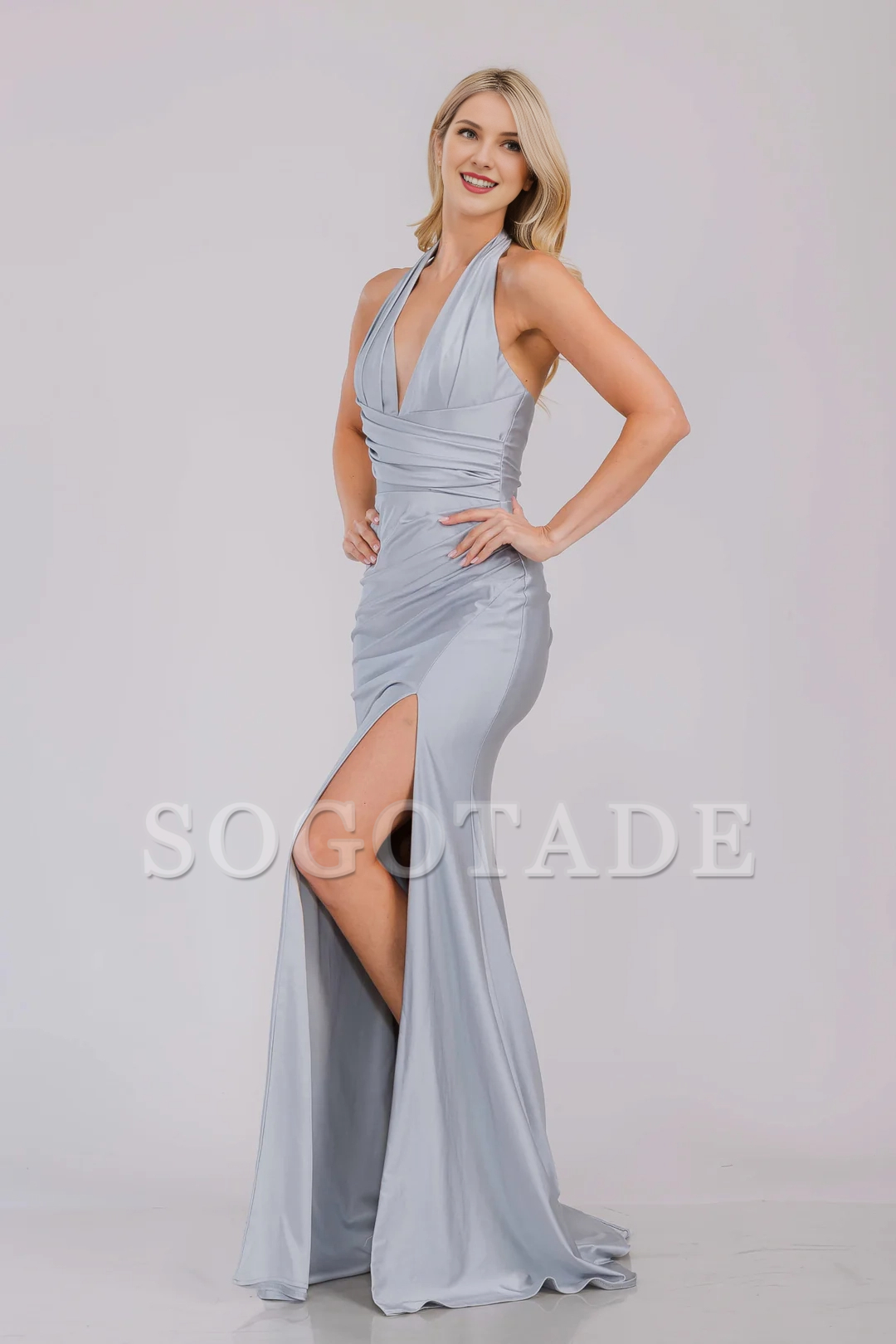 Fitted slit pleated long neck hanging satin dress