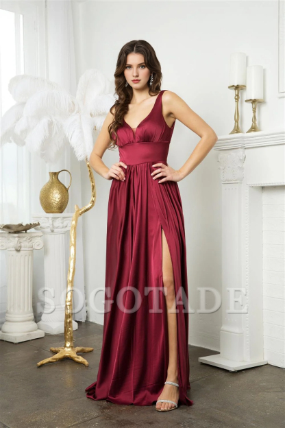 A-line slit skirt long sleeveless satin dress
