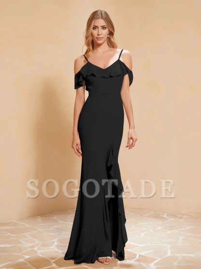 Ruffle V-neck floating sleeve fishtail chiffon dress