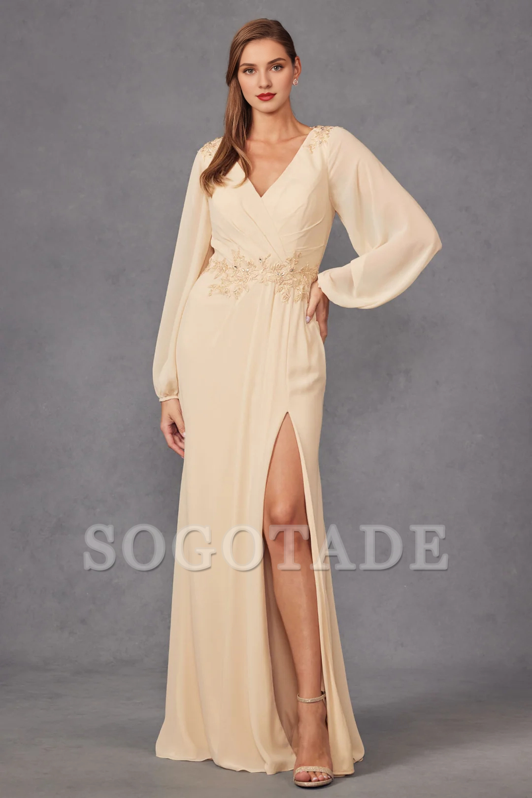 A-line slit skirt embroidered long sleeved dress
