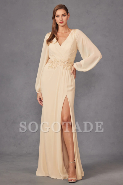 A-line slit skirt embroidered long sleeved dress