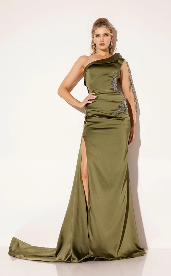 Asymmetric neckline backless side slit and floor length Prom dress