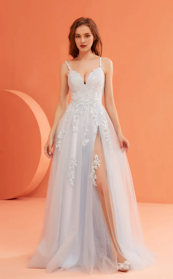 A-line deep V-neckline thin shoulder straps embroidered chiffon side slits and floor length Prom dress-SOGOTADE