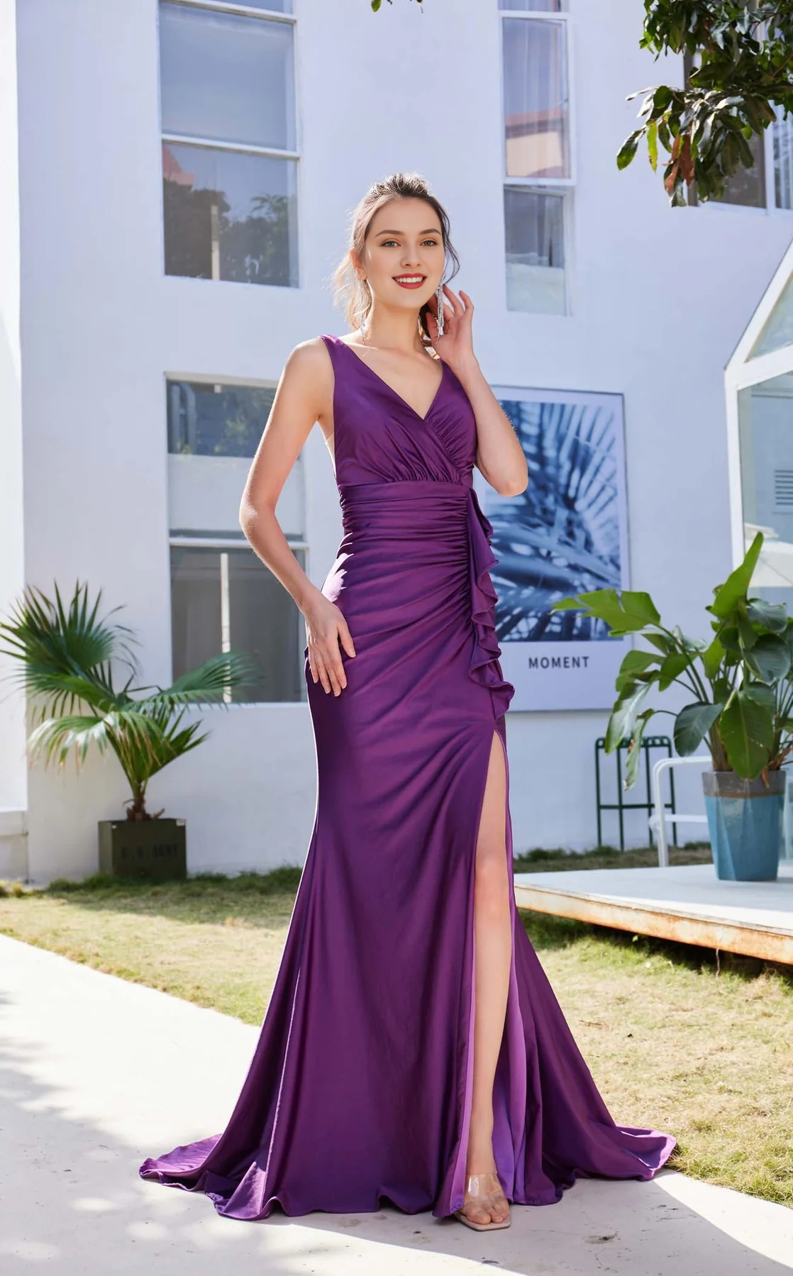 V-neck ruffle edge pleated waist slit and floor length Prom dress