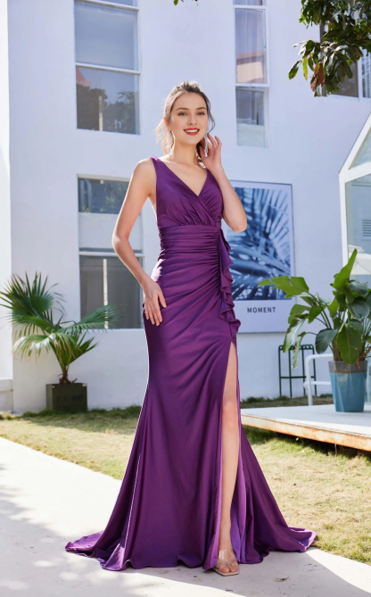 V-neck ruffle edge pleated waist slit and floor length Prom dress