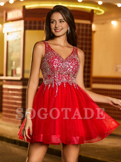 Sparkling pearl embellishment chiffon lace up mini Homecoming dress
