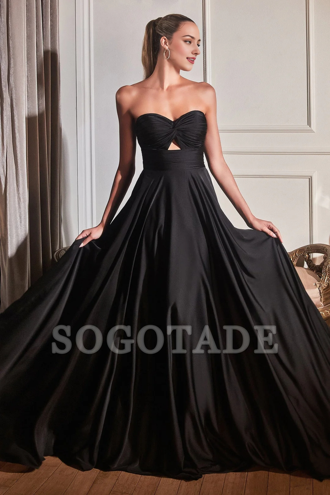 A-line skirt pleated long strapless lock hole satin dress