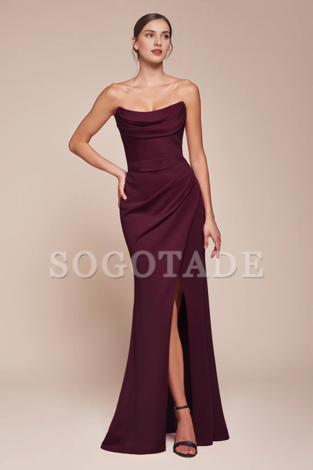 Fitted slit skirt chiffon long strapless dress