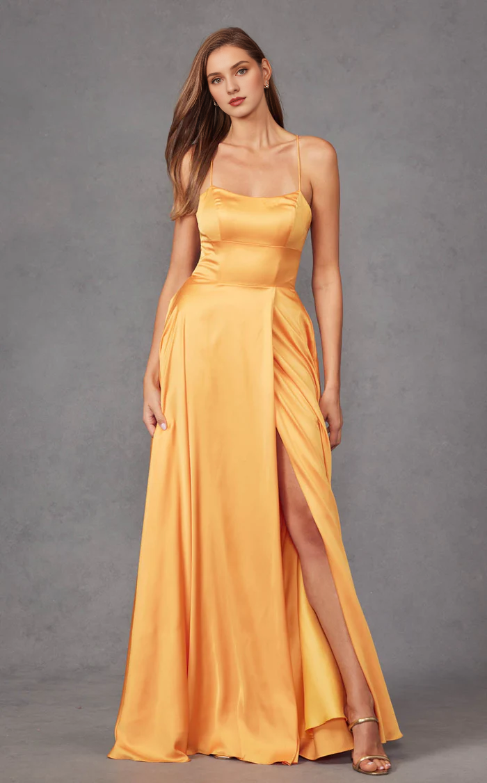 Thin shoulder strap satin backless slit and floor length Prom dress