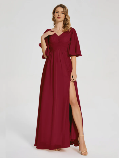 V-neck half sleeved chiffon mother of the bride dress