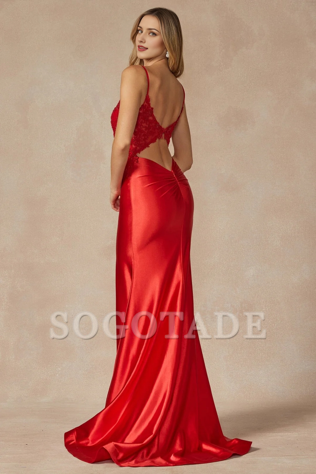 Tailored fishtail skirt embroidered long sleeveless V-neck dress