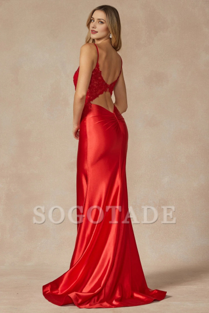 Tailored fishtail skirt embroidered long sleeveless V-neck dress