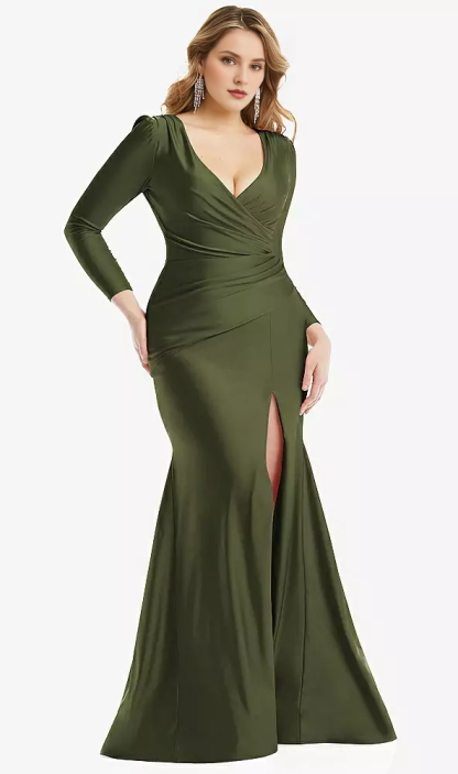 Long sleeved drape wrapped  satin fishtail Prom dress