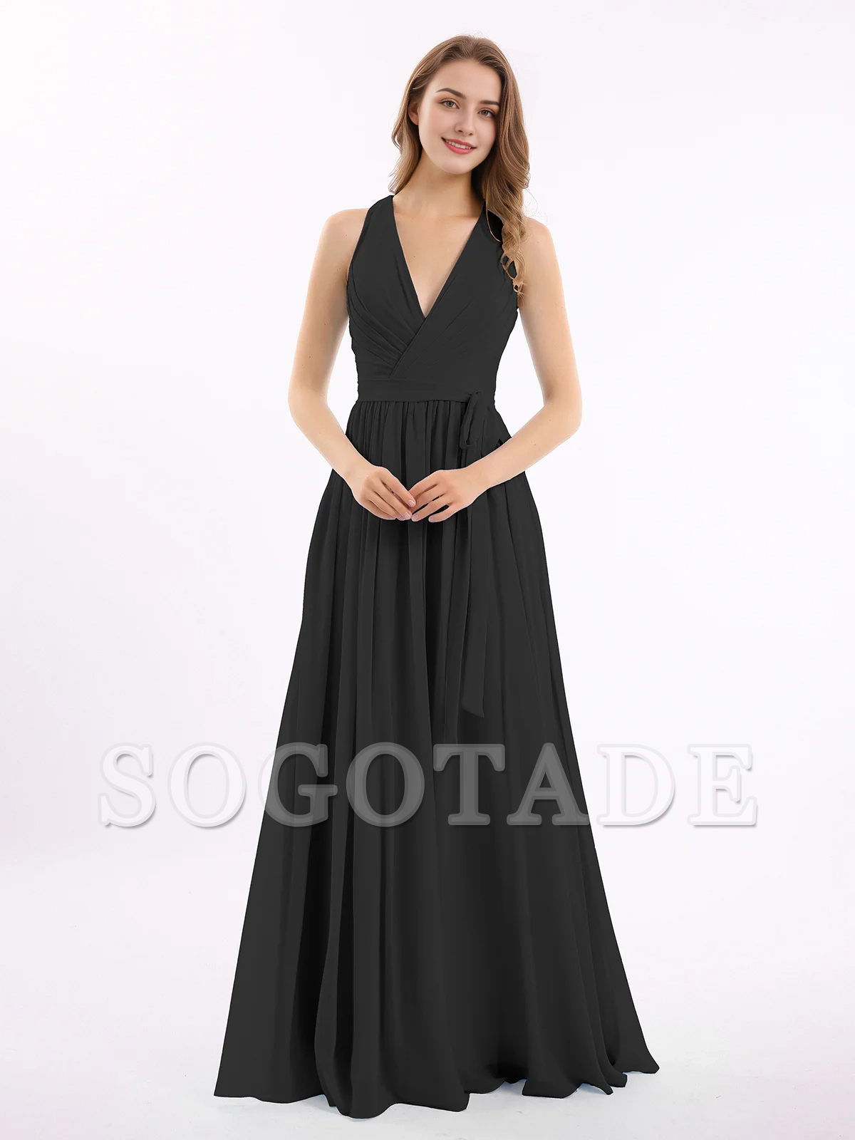 Deep V-neck belt bow chiffon dress