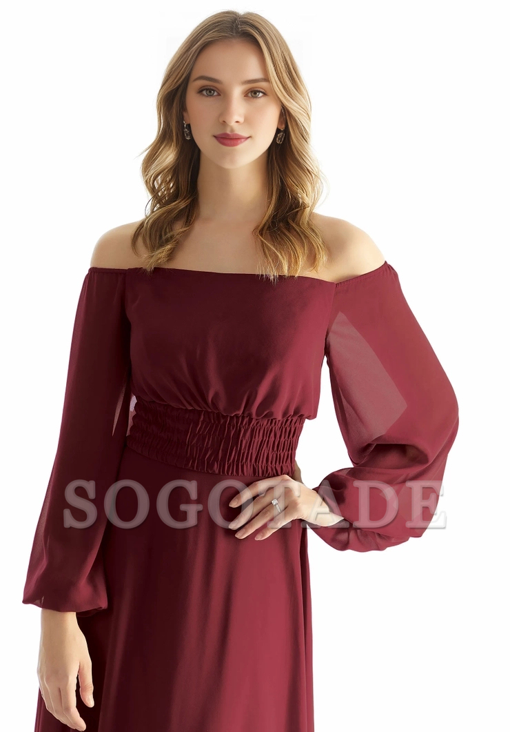A-line off shoulder collar chiffon pleated Bohemian style bridesmaid dress