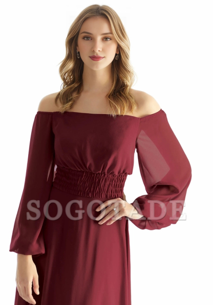A-line off shoulder collar chiffon pleated Bohemian style bridesmaid dress