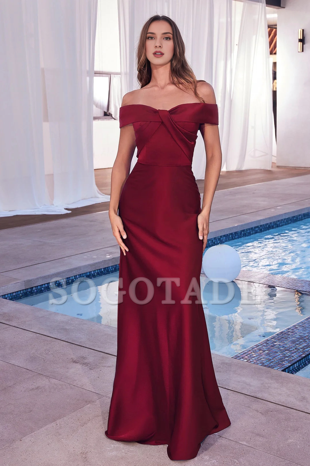 Long off shoulder satin dress