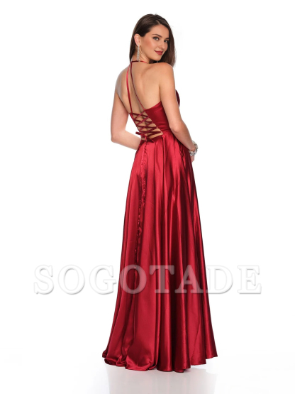 Pleated long sleeveless satin dress