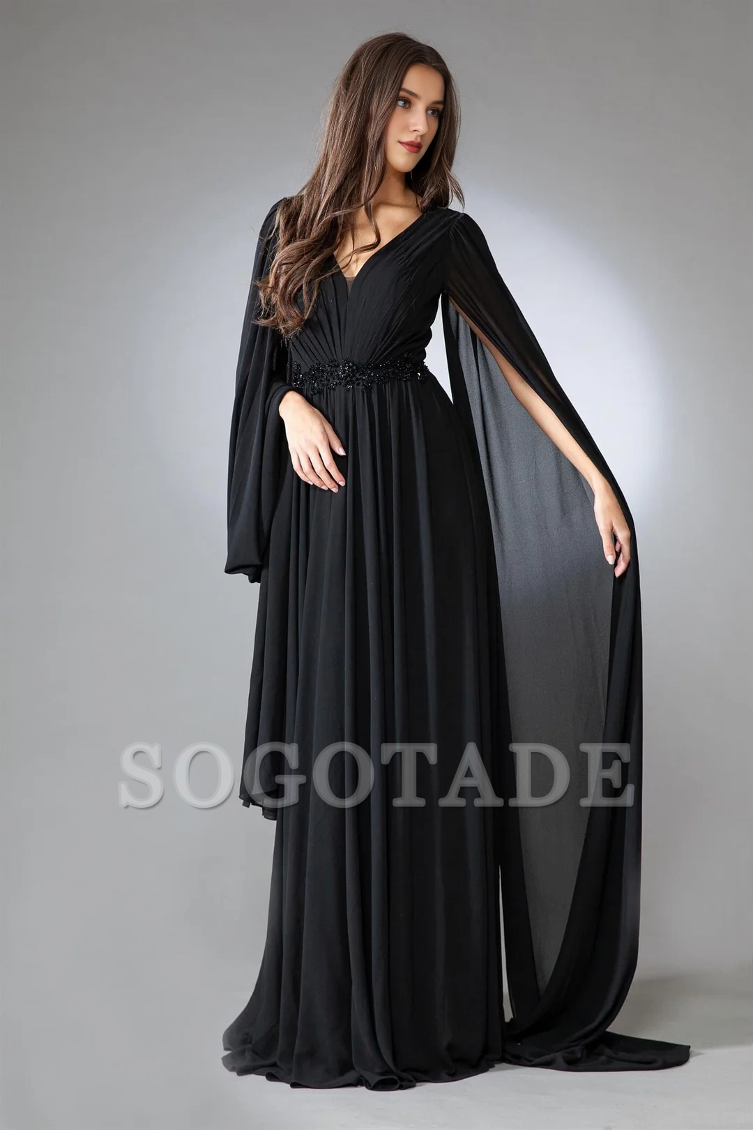 Long shawl sleeve V-neck chiffon dress paired with A-line skirt