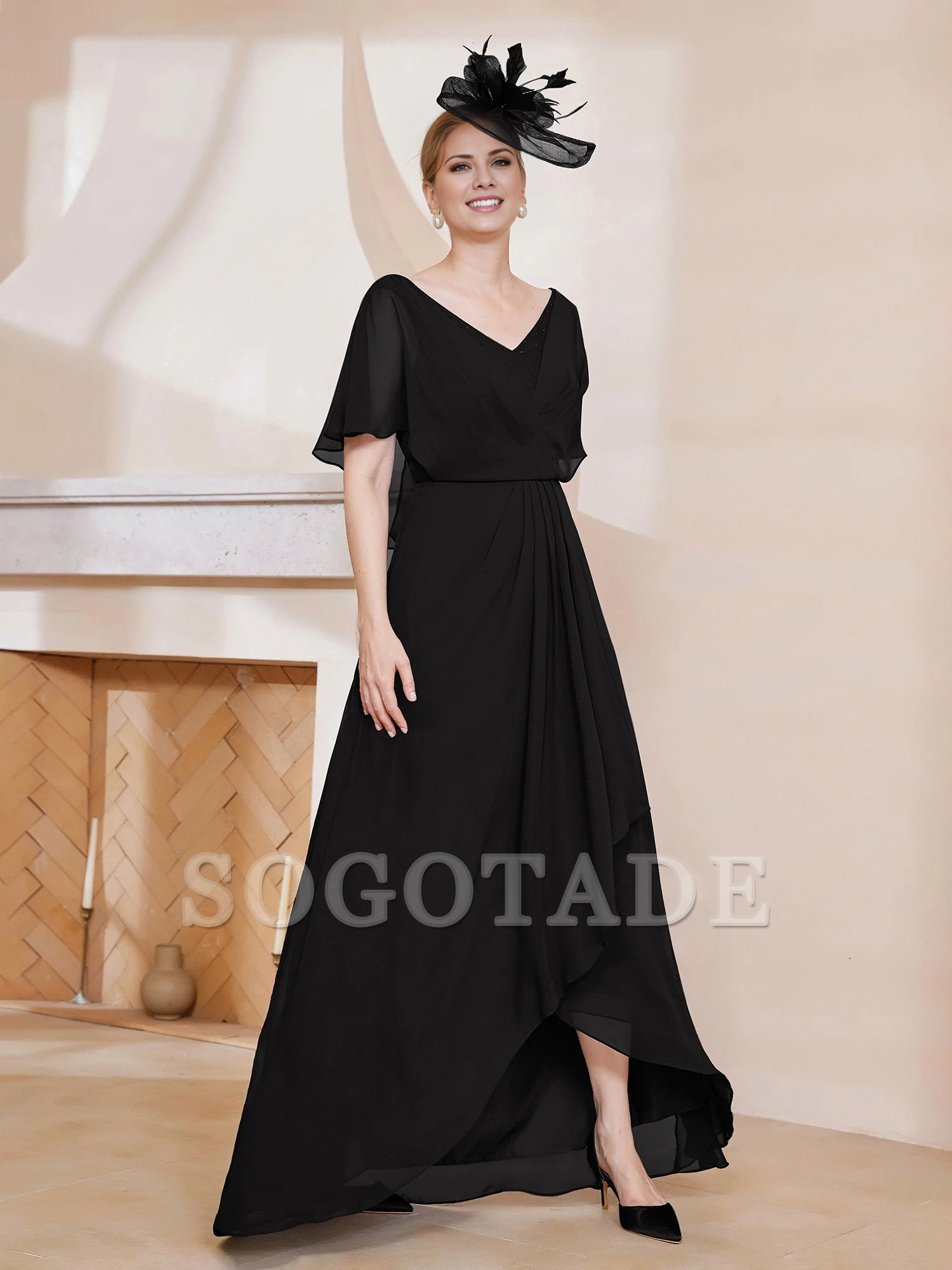 V-neck ruffle sleeves asymmetrical mother of the bride dress