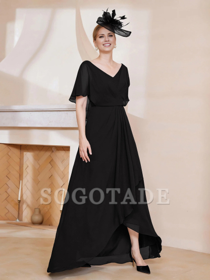 V-neck ruffle sleeves asymmetrical mother of the bride dress