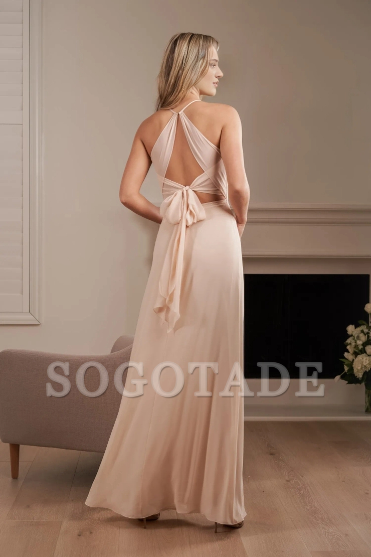 Polyester chiffon slim fit trumpet V-neckline backless neckline thin shoulder strap bridesmaid dress