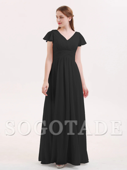 Hooded chiffon bridesmaid dress with long sleeves
