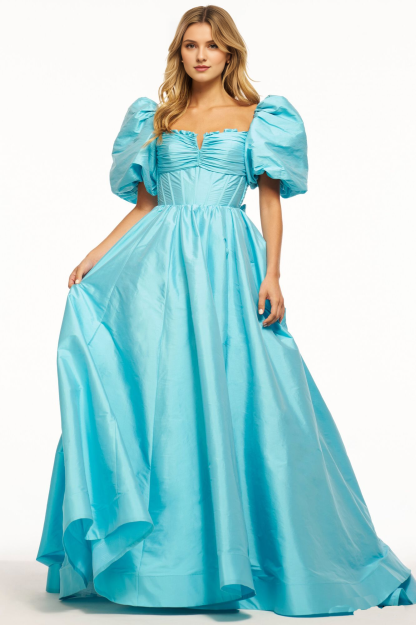 Satin tight corset lantern sleeves and floor length Prom dress