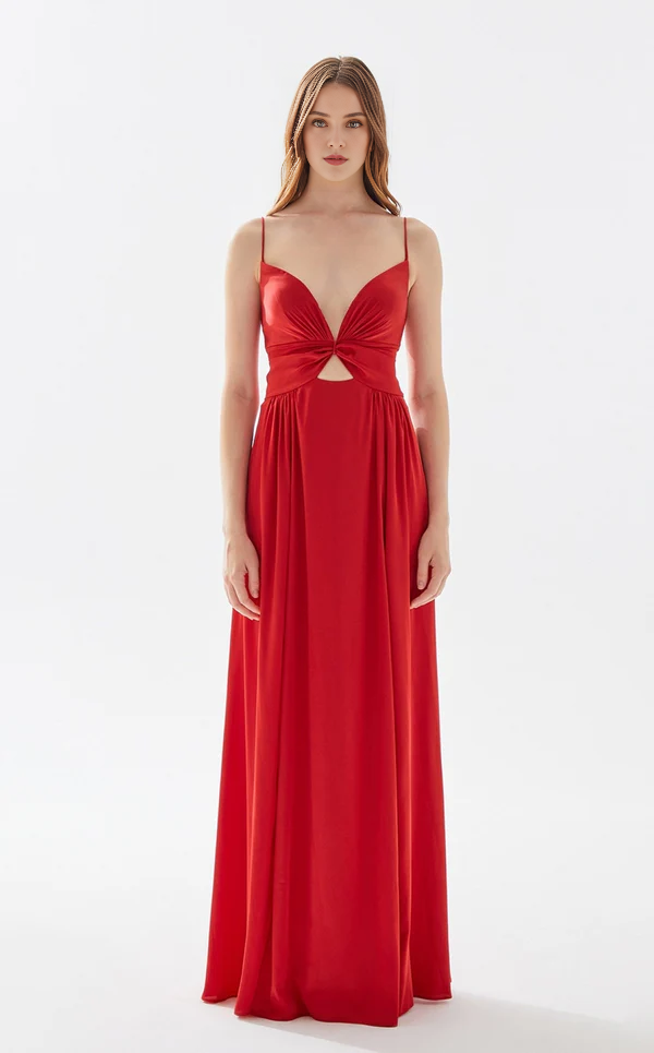 A-line deep V-neck thin shoulder strap and floor length evening dress-SOGOTADE