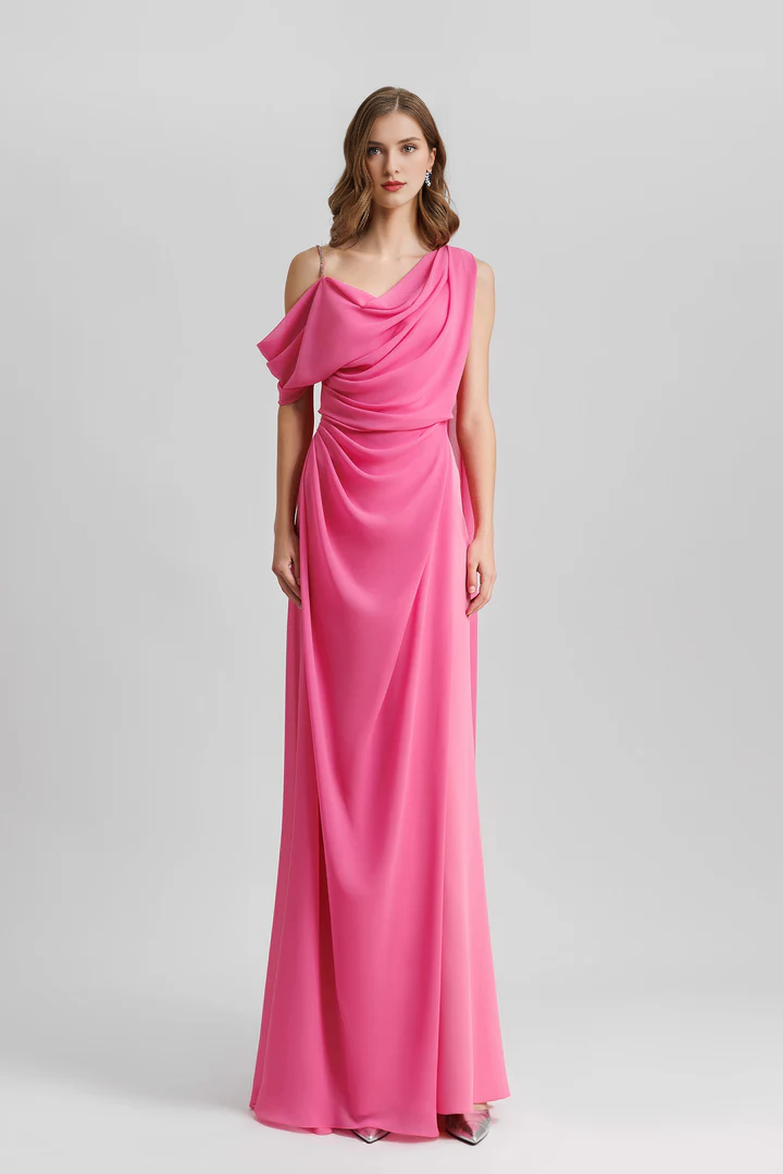 Asymmetric neckline backless and floor length gown evening dresses