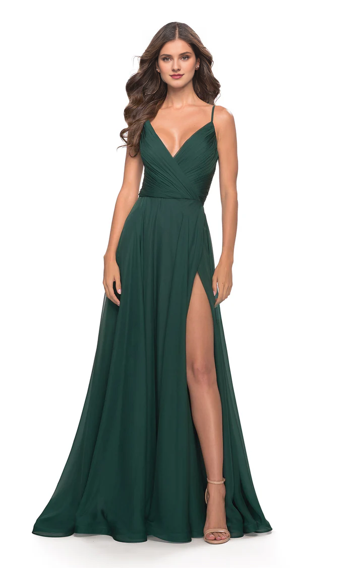 A-line deep V-neck slim shoulder strap tight corset and floor length evening dress-SOGOTADE