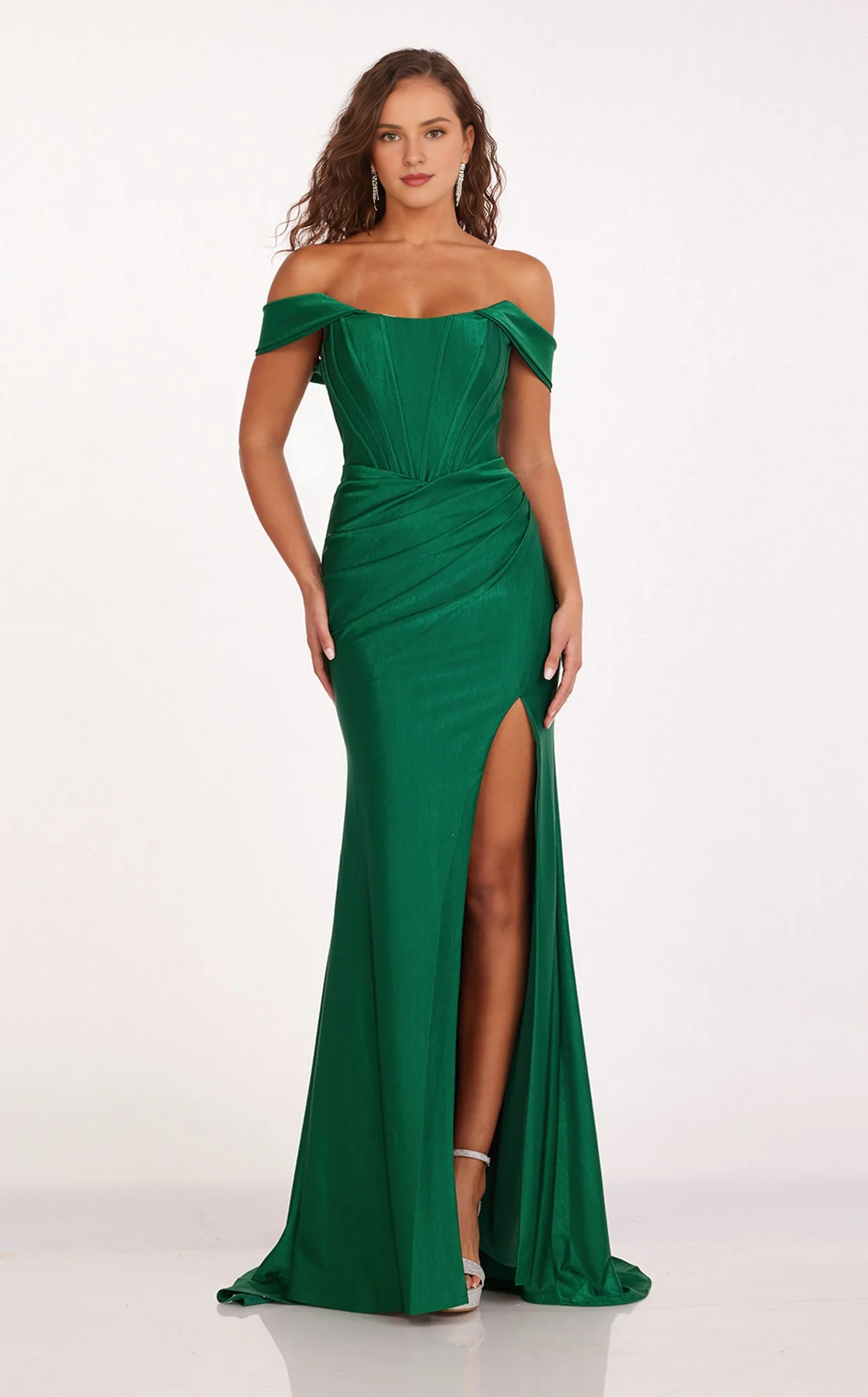Spoon collar off shoulder sleeves side slits and floor length Prom dress